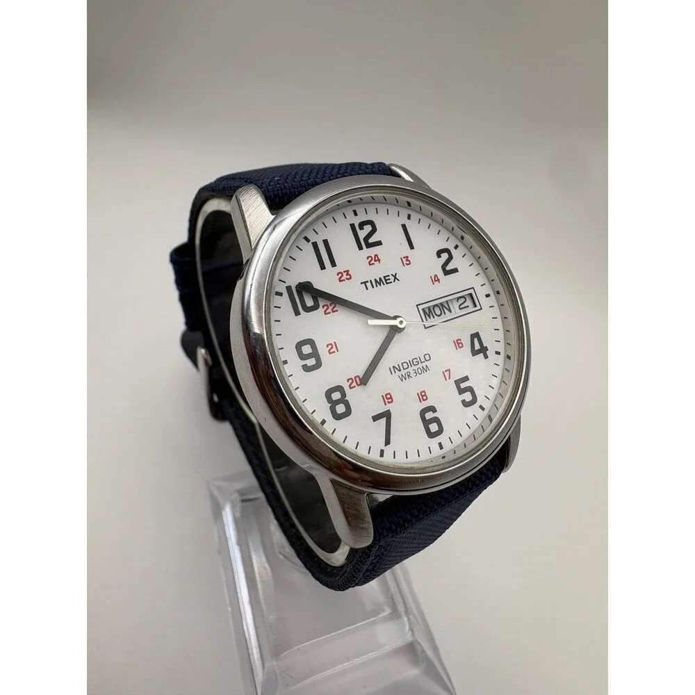 Timex T20461 Indiglo Mens Watch White Dial Day Date BRAND NEW Navy Canvas Strap